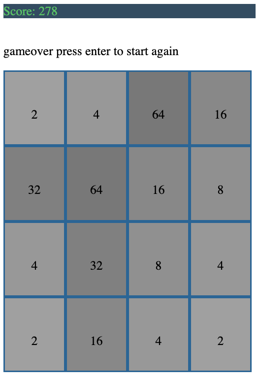A 2048 game with numbered tiles on a four by four grid