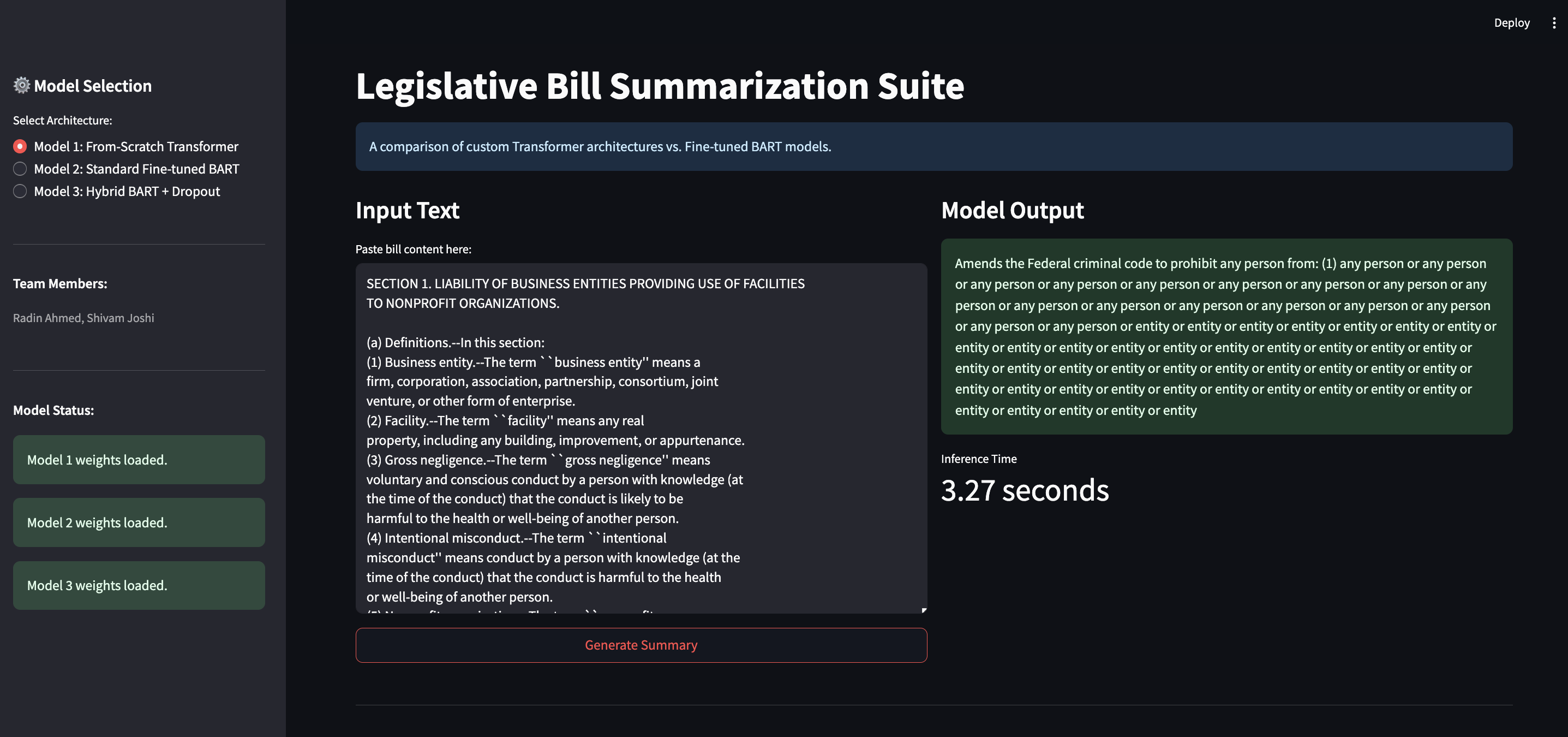 Legislative Bill Summarization Suite showing model selection, input text, and model output