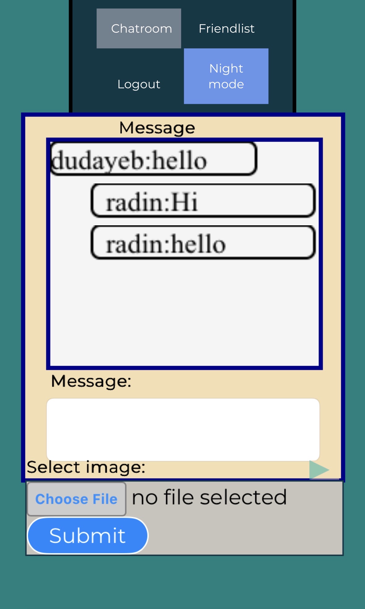Chat application with messages, image upload, and submit button